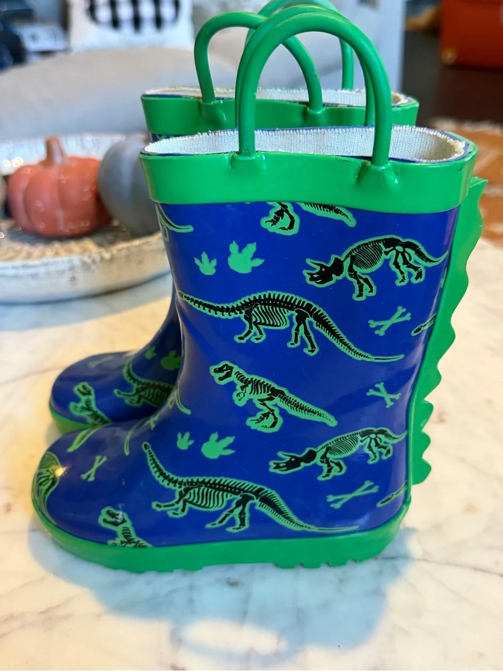 Kids Blue & Green Dinosaur Skeleton Pull On Rain Boots 7T